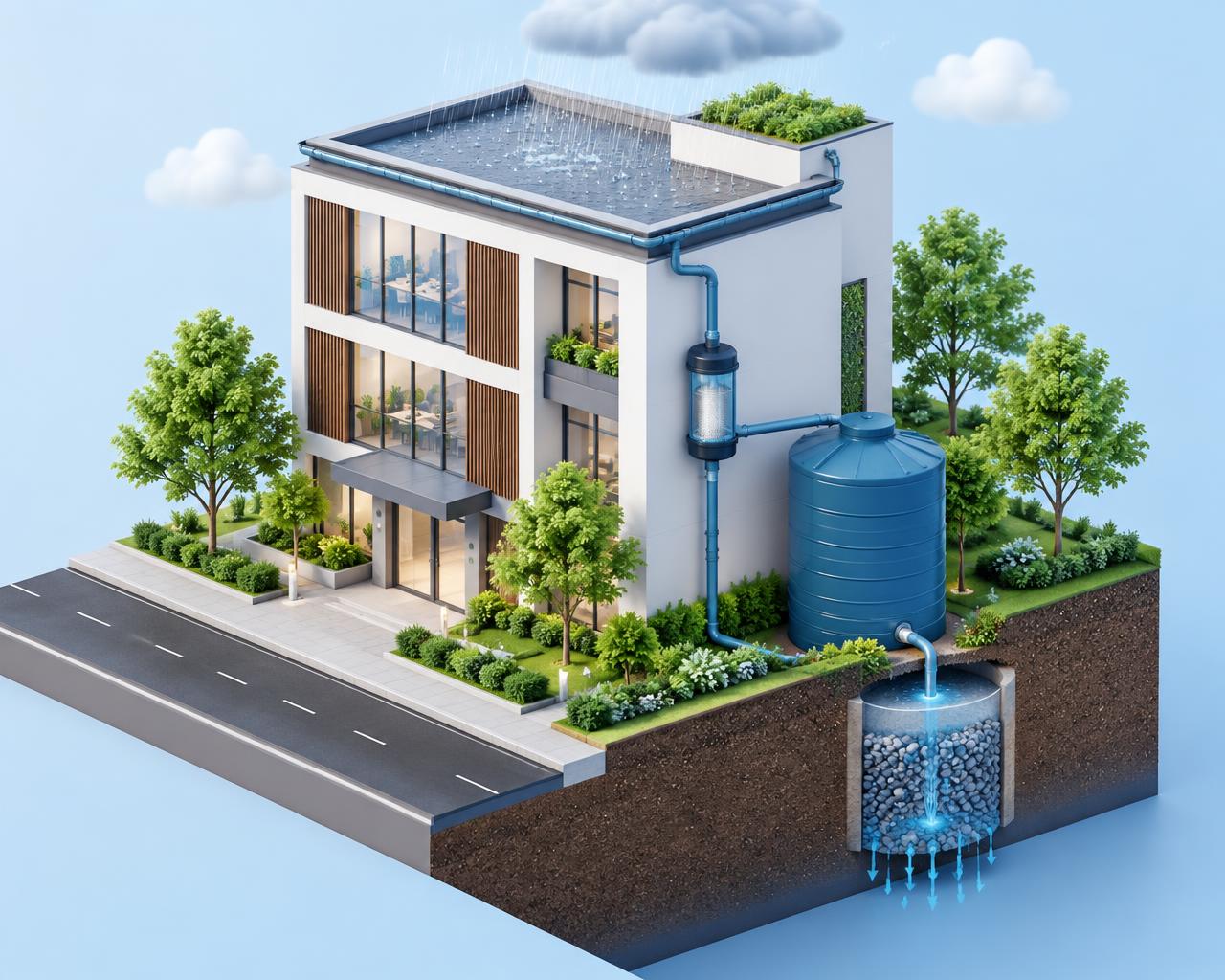 Building with rooftop rainwater harvesting: gutters, filter, storage tank and recharge pit
